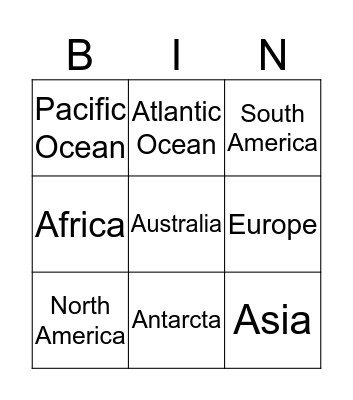 Continents and Oceans Bingo Card