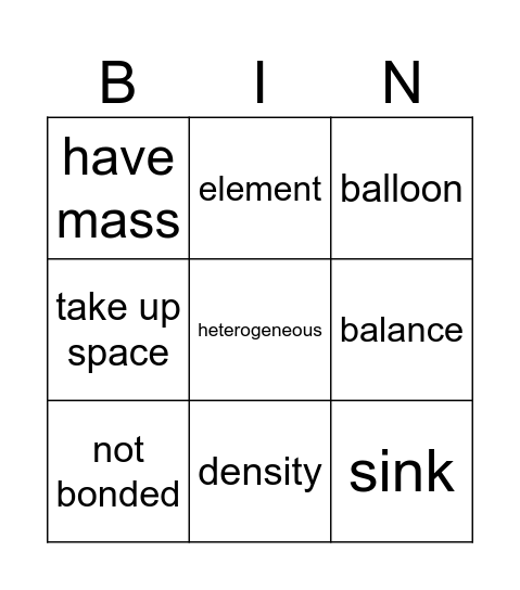 Properties of matter Bingo Card