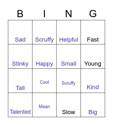 Adjectives Bingo Card