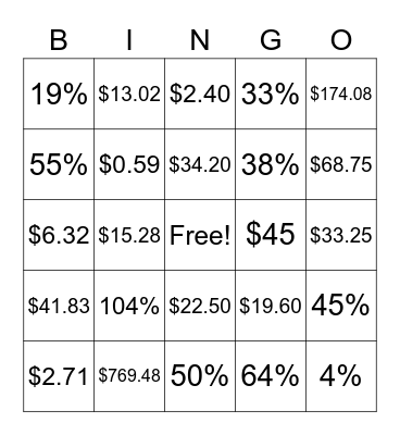 Tax, Tip, Discount, Markup, Percent of Change Bingo Card