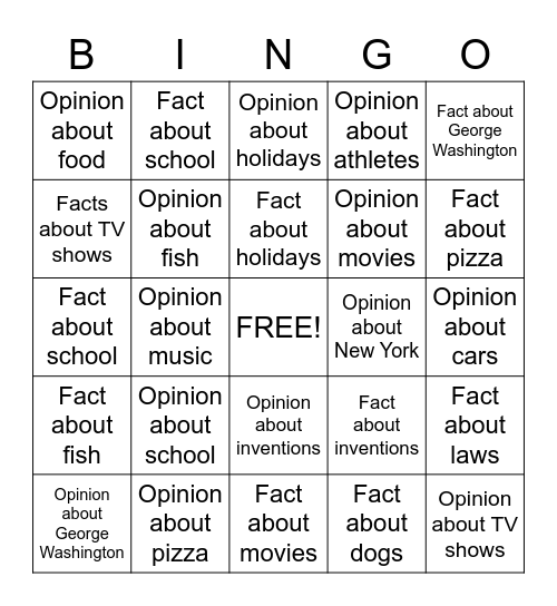 Fact vs. Opinion Bingo Card