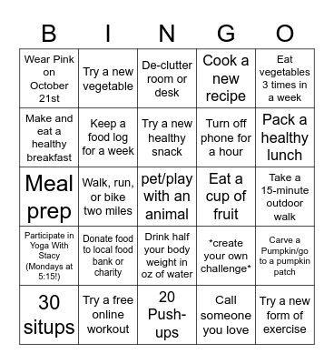 October - Kripke Wellness Bingo Card