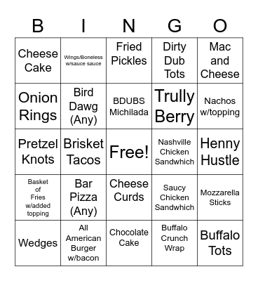 Buffalo Wild Wings Bingo Card
