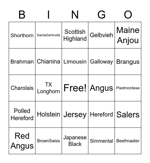 Cattle Breeds Bingo Card