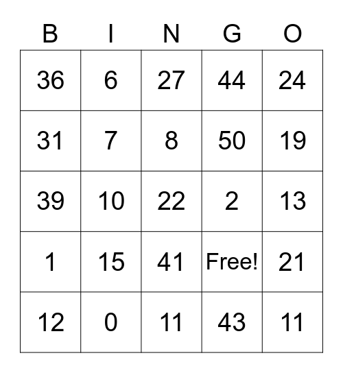 Numbers 1-50 Bingo Card