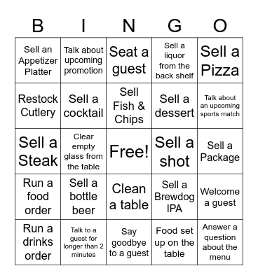 Hospitality Bingo 6pm - 12am Bingo Card