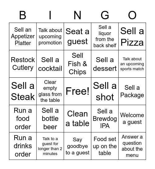 Hospitality Bingo 6pm - 12am Bingo Card