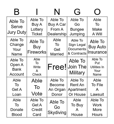 Welcome To Adulthood! Bingo Card