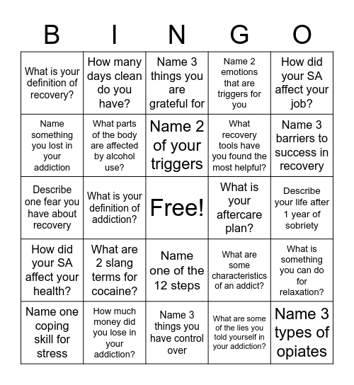 Recovery Bingo! Bingo Card