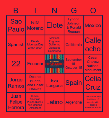 Hispanic Heritage Month Bingo Card