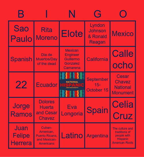 Hispanic Heritage Month Bingo Card