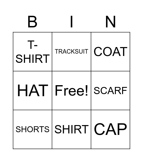 Clothes Bingo Card