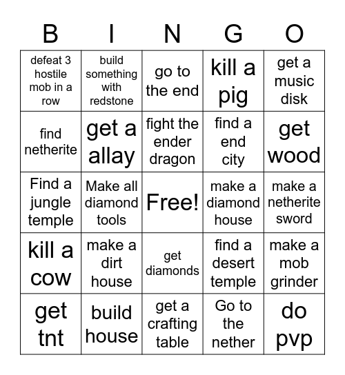 minecraft Bingo Card