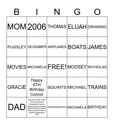 Happy Birthday Connor!! Bingo Card