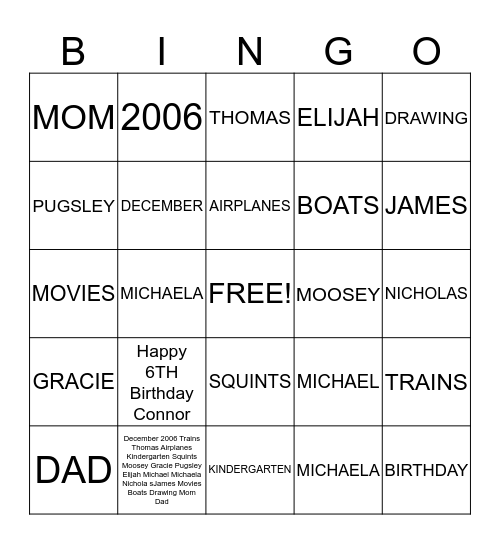 Happy Birthday Connor!! Bingo Card