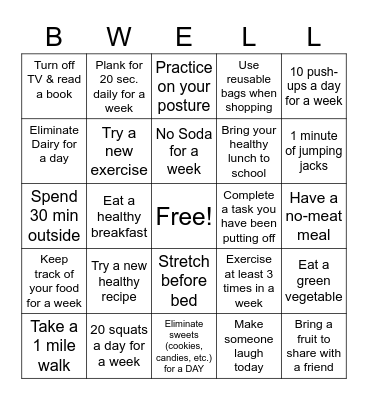 Nutrition BWELL Bingo Card