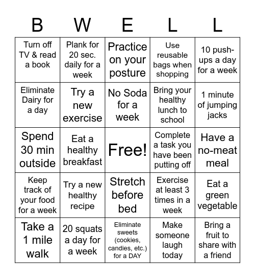 Nutrition BWELL Bingo Card