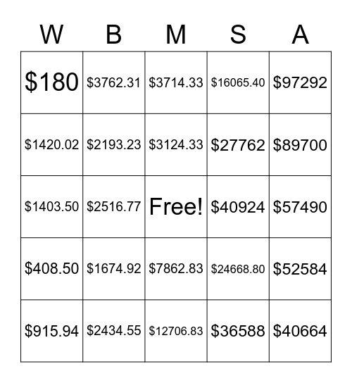 Salary Bingo Card