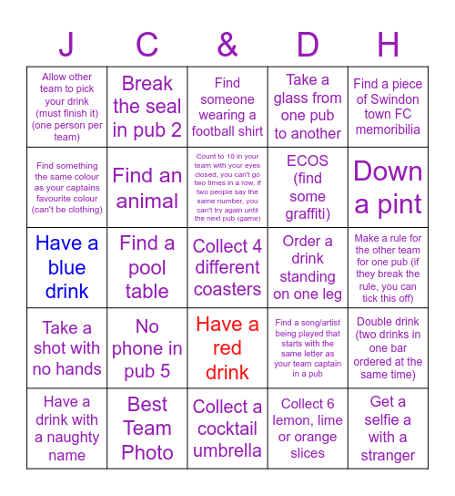 David & Jake Birthday Pub Crawl Bingo Card