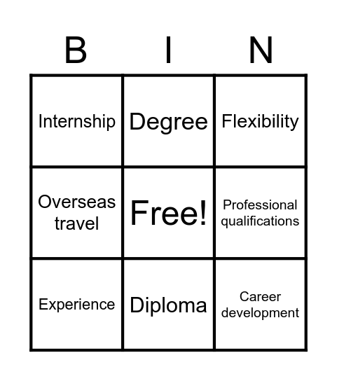 Internship bingo Card