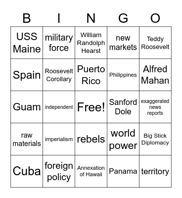 Spanish-American War Bingo Card