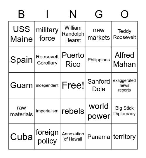 Spanish-American War Bingo Card