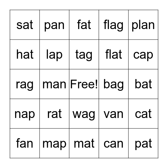 Word Family Bingo                                                       (-an,-at,-ap,-ag) Bingo Card