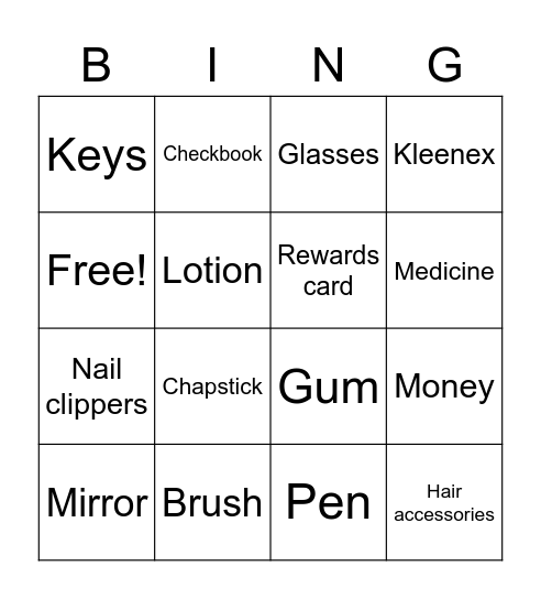 What's in your purse? Bingo Card