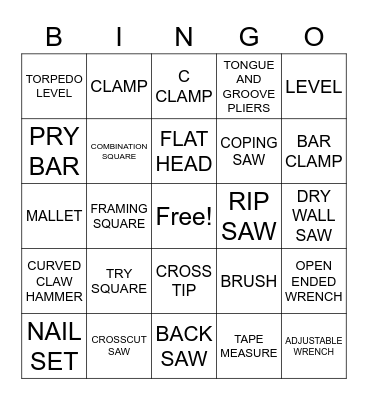 HAND TOOLS BINGO Card