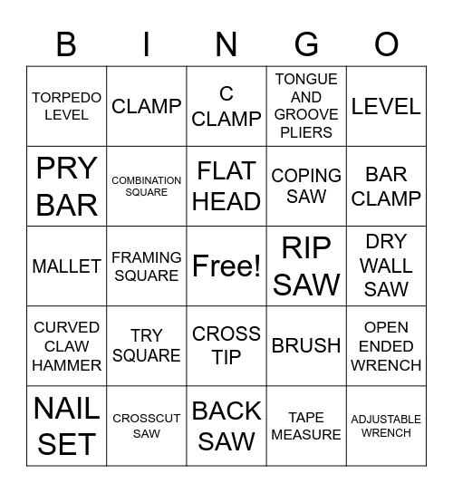 HAND TOOLS BINGO Card