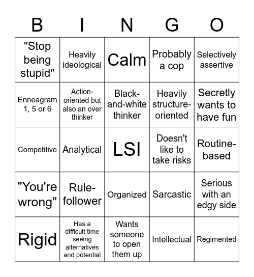 Socionics LSI Bingo Card
