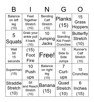 Fitness Bingo Card