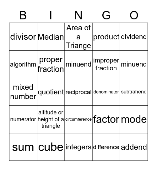 Math Bingo week 8-4 Bingo Card