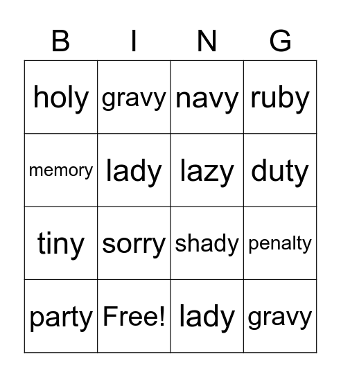 Long 'e' - 'y' words Bingo Card