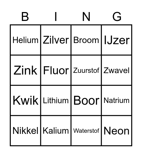 Atoom namen Bingo Card