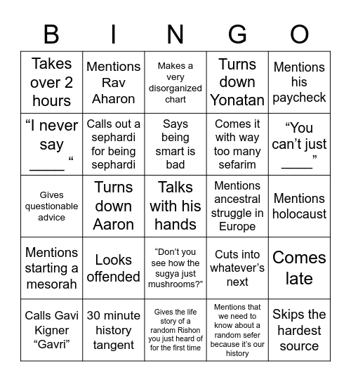 Rabbi Taragin bingo Card