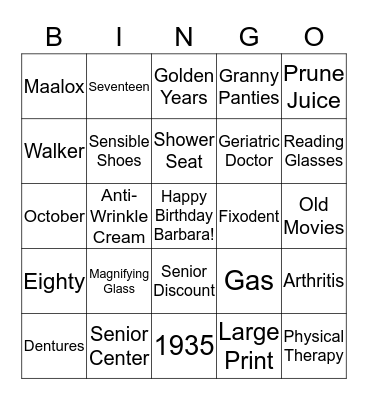 Eightieth Bingo Card