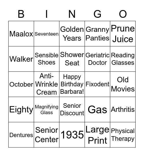 Eightieth Bingo Card