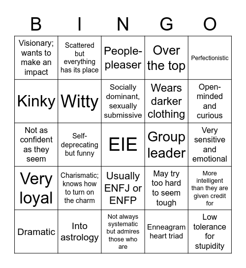 Socionics EIE Bingo Card