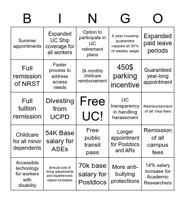 UAW 2865 Bargaining Bingo Card
