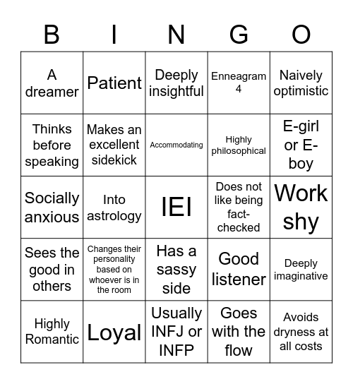 Socionics IEI Bingo Card