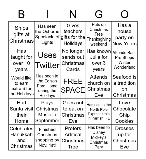 Christmas and Cocktails Bingo Card