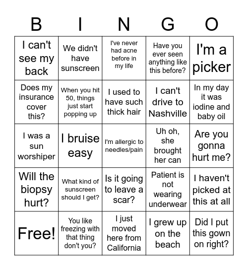 Derm-Go Bingo Card