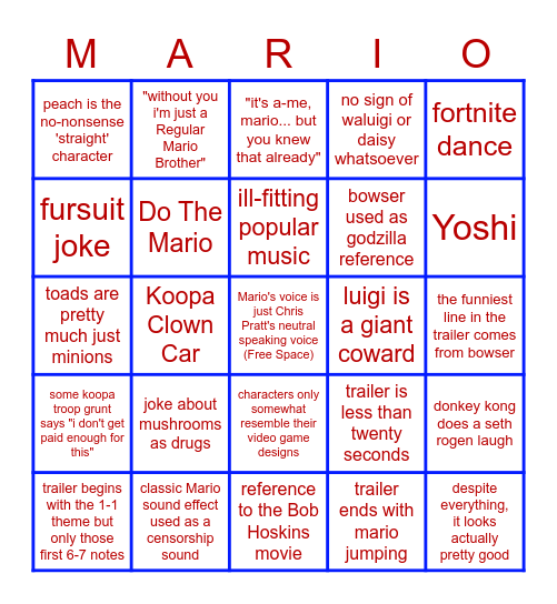 mario movie trailer bingo Card