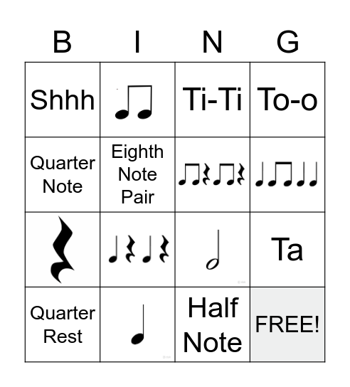 Rhythms Level 1 Bingo Card