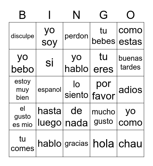 Duolingo Phrases 1 Bingo Card