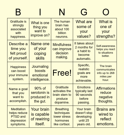 Mindfulness Trivia Bingo Card