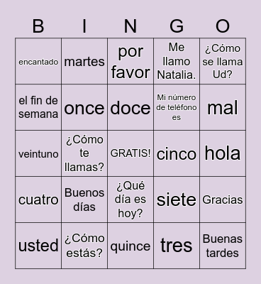 Vocabulario de Lección Preliminar Bingo Card