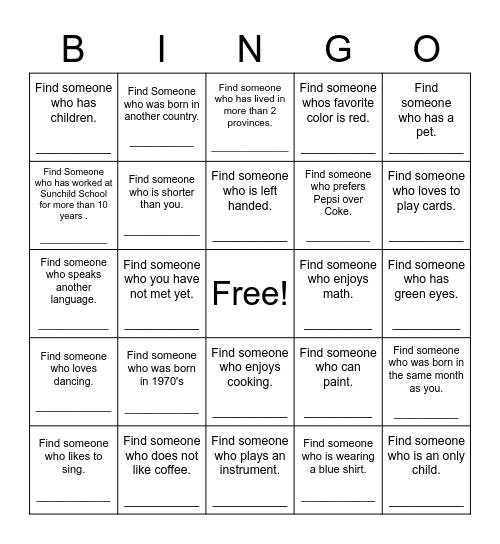 Find Someone Who Bingo Card