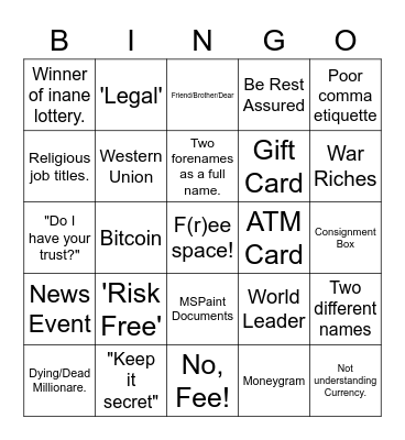 Scammer Bingo Card